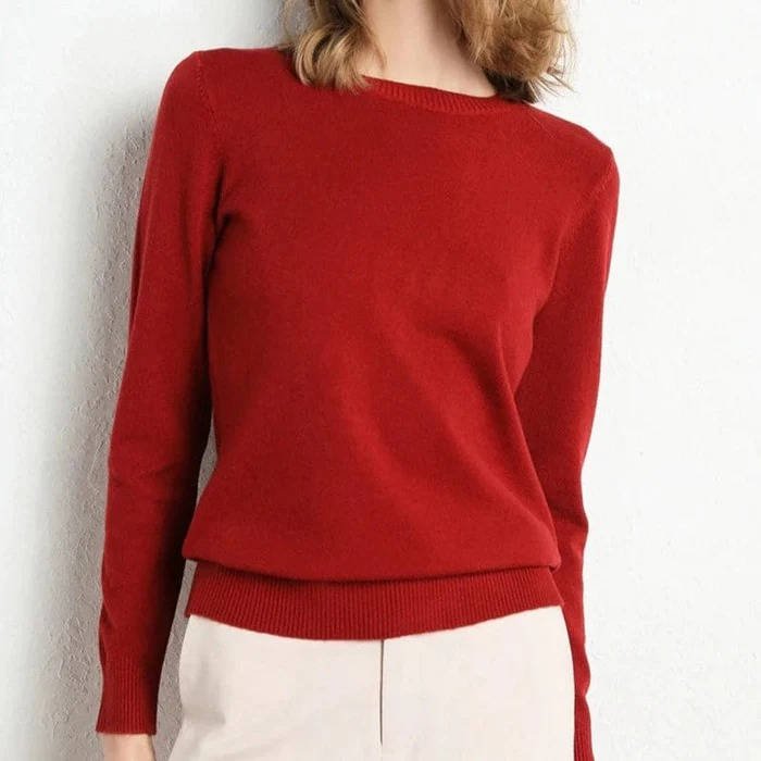 Women's Wool Crew Neck Jumper - Dark Red