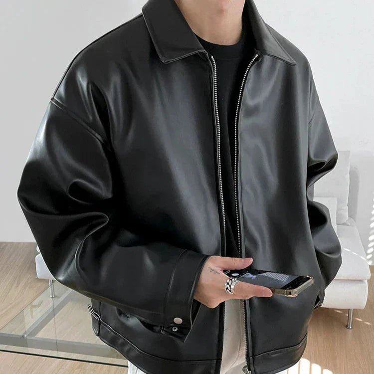 Men's Oversized Faux Leather Jacket - Black