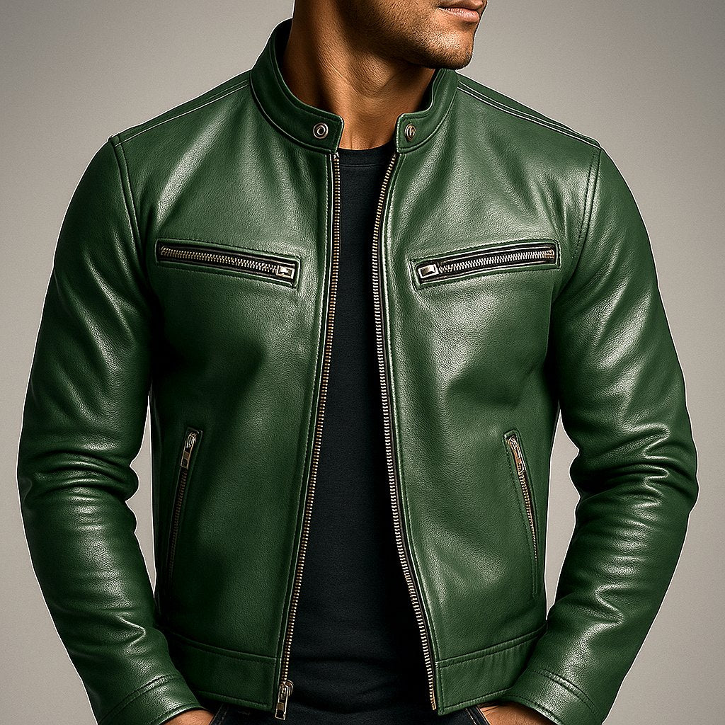 Men's Slim Leather Biker Jacket - Green