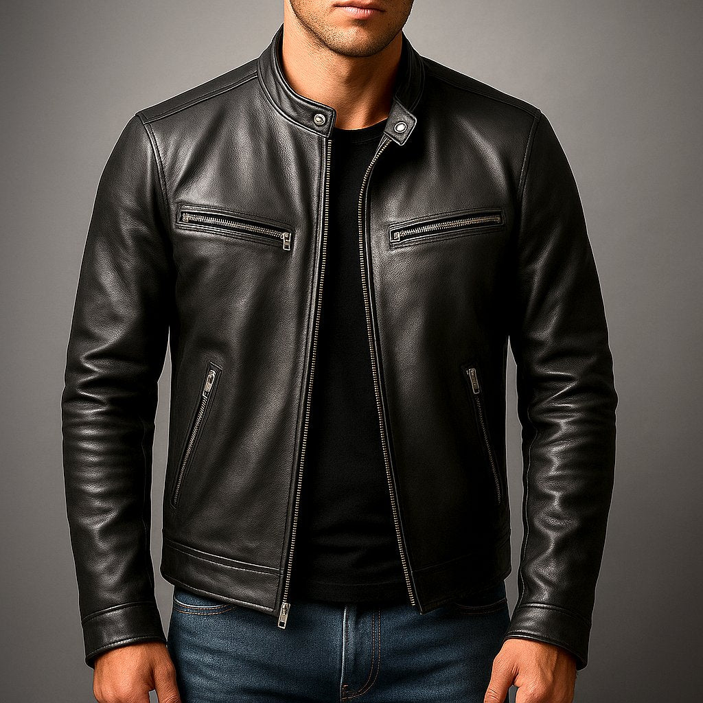 Men's Slim Leather Biker Jacket - Black
