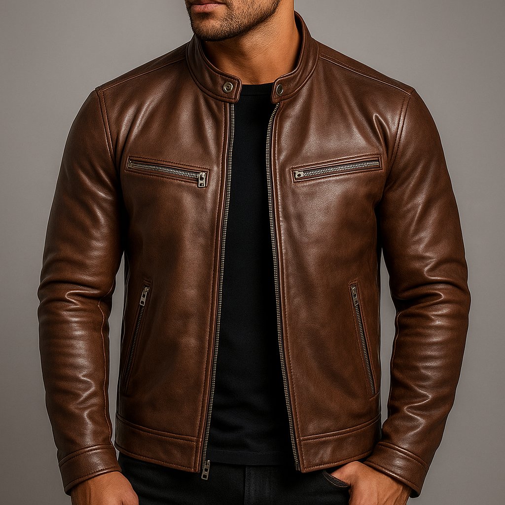 Men's Slim Leather Biker Jacket - Brown