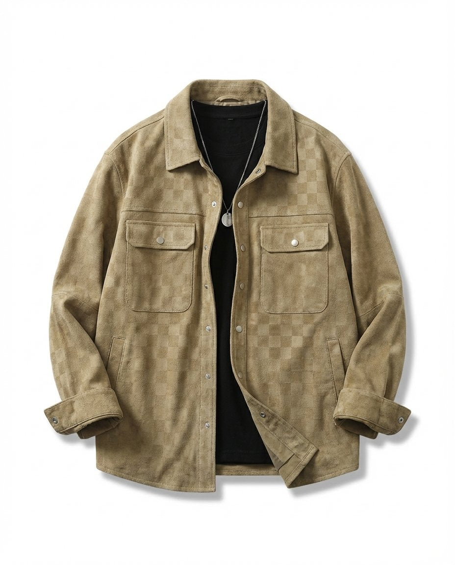 Men's Checkerboard Suede Shacket - Khaki
