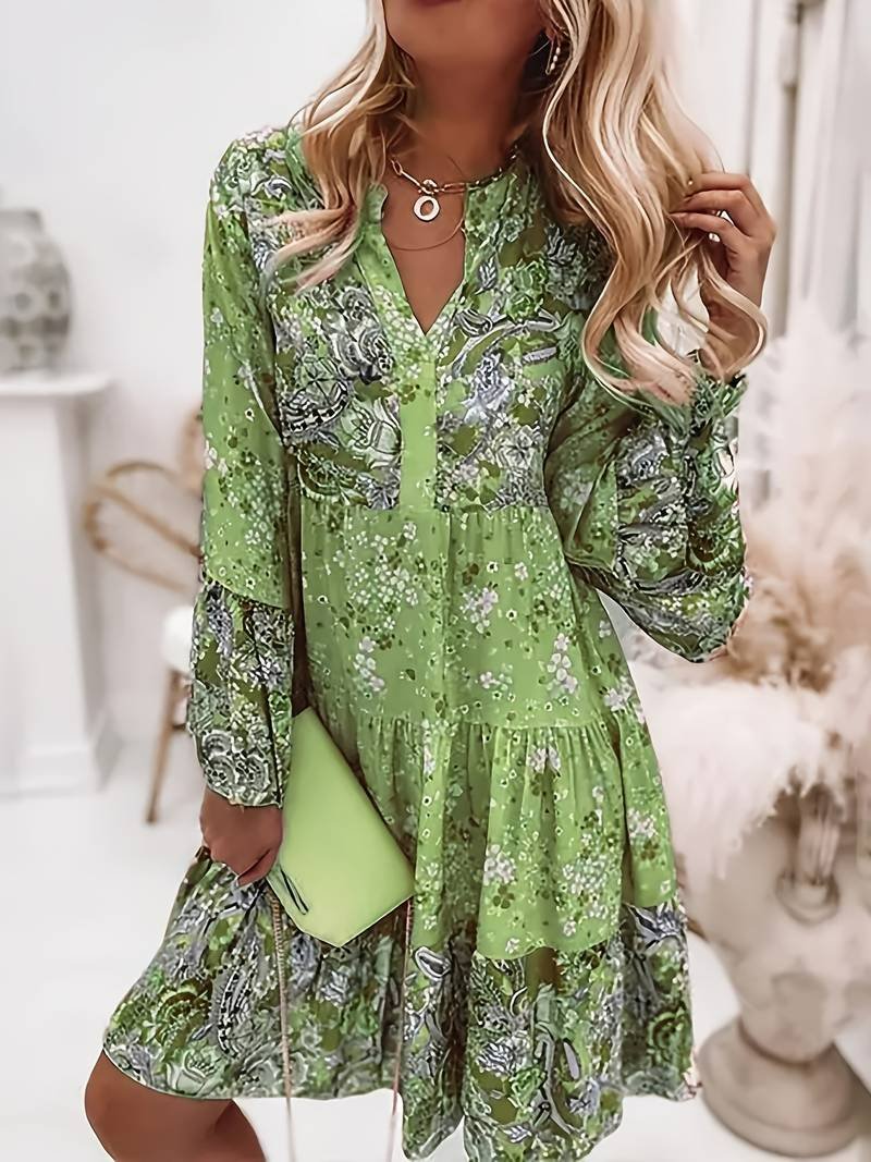 Women's Long Sleeve Floral Chiffon Mini Dress - Green