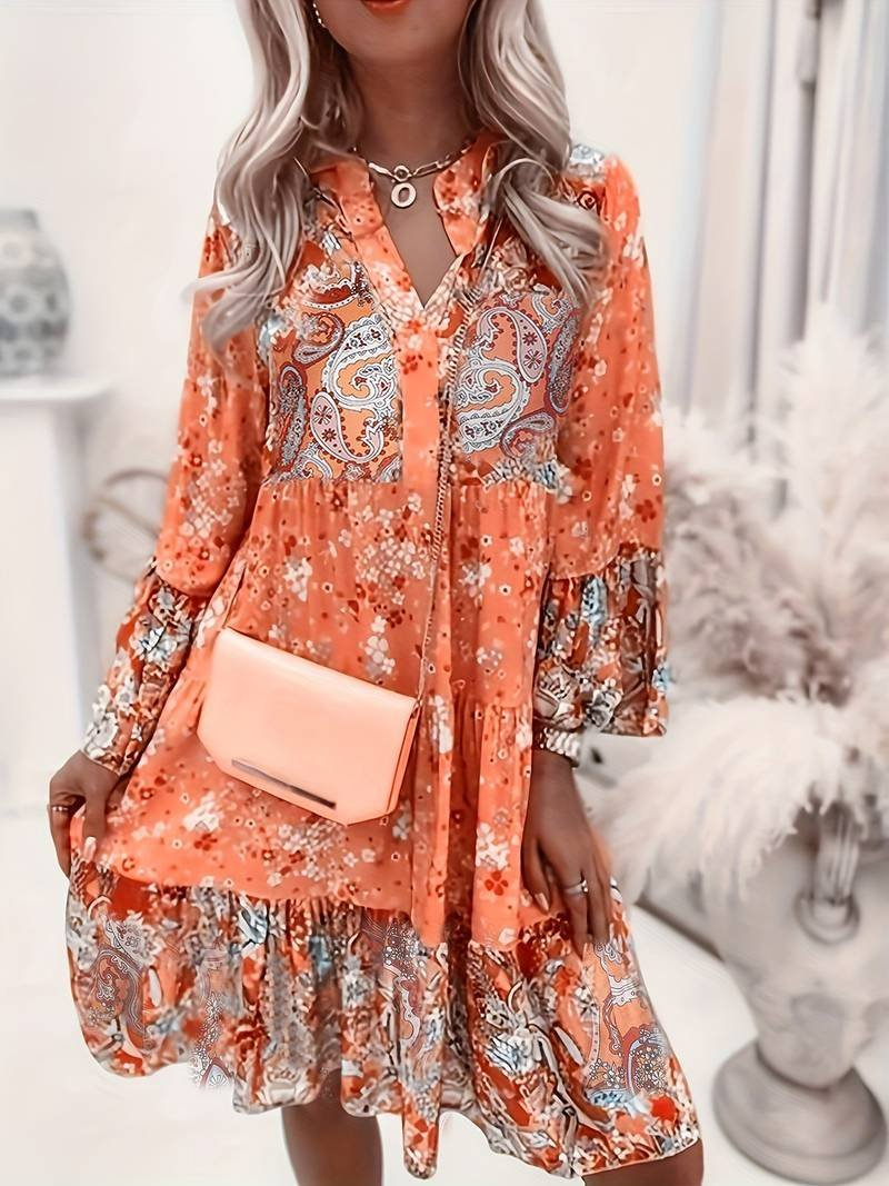 Women's Long Sleeve Floral Chiffon Mini Dress - Orange
