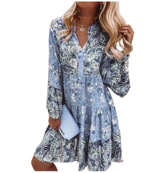 Women's Long Sleeve Floral Chiffon Mini Dress - Blue