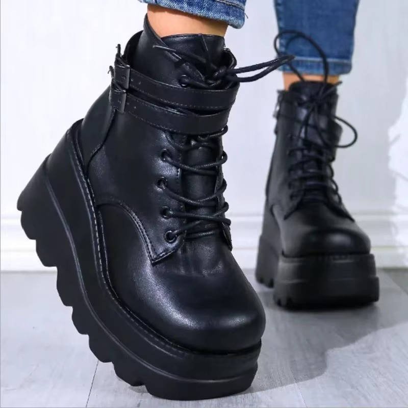 Women's Faux Leather Platform Combat Ankle Boots - Black