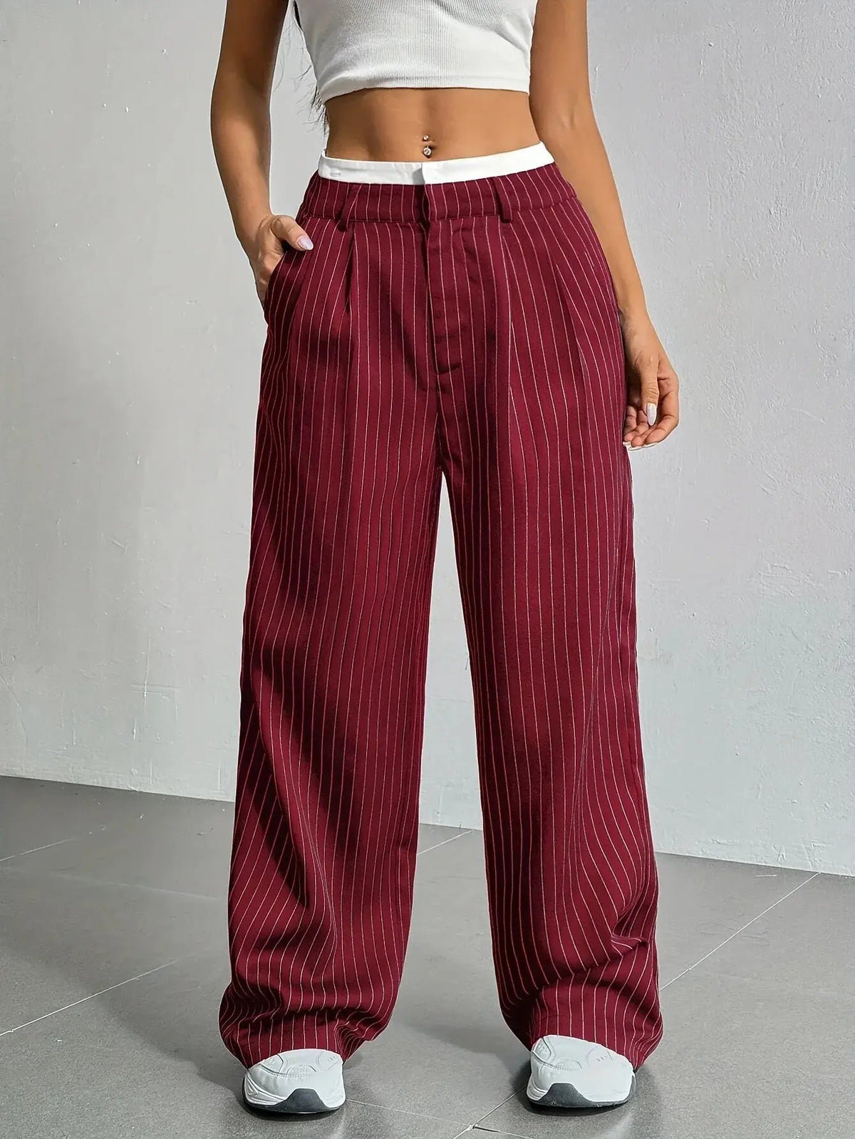 Women's High-Waisted Wide-Leg Pinstripe Trousers - Wine Red