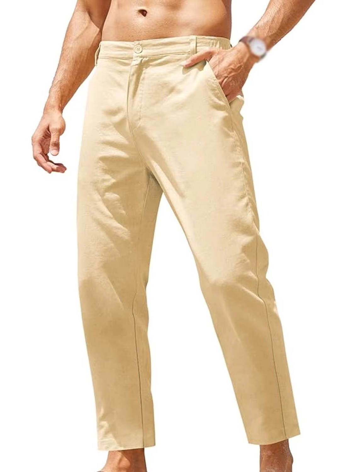 Men's Cotton-Linen Cropped Chinos - Beige
