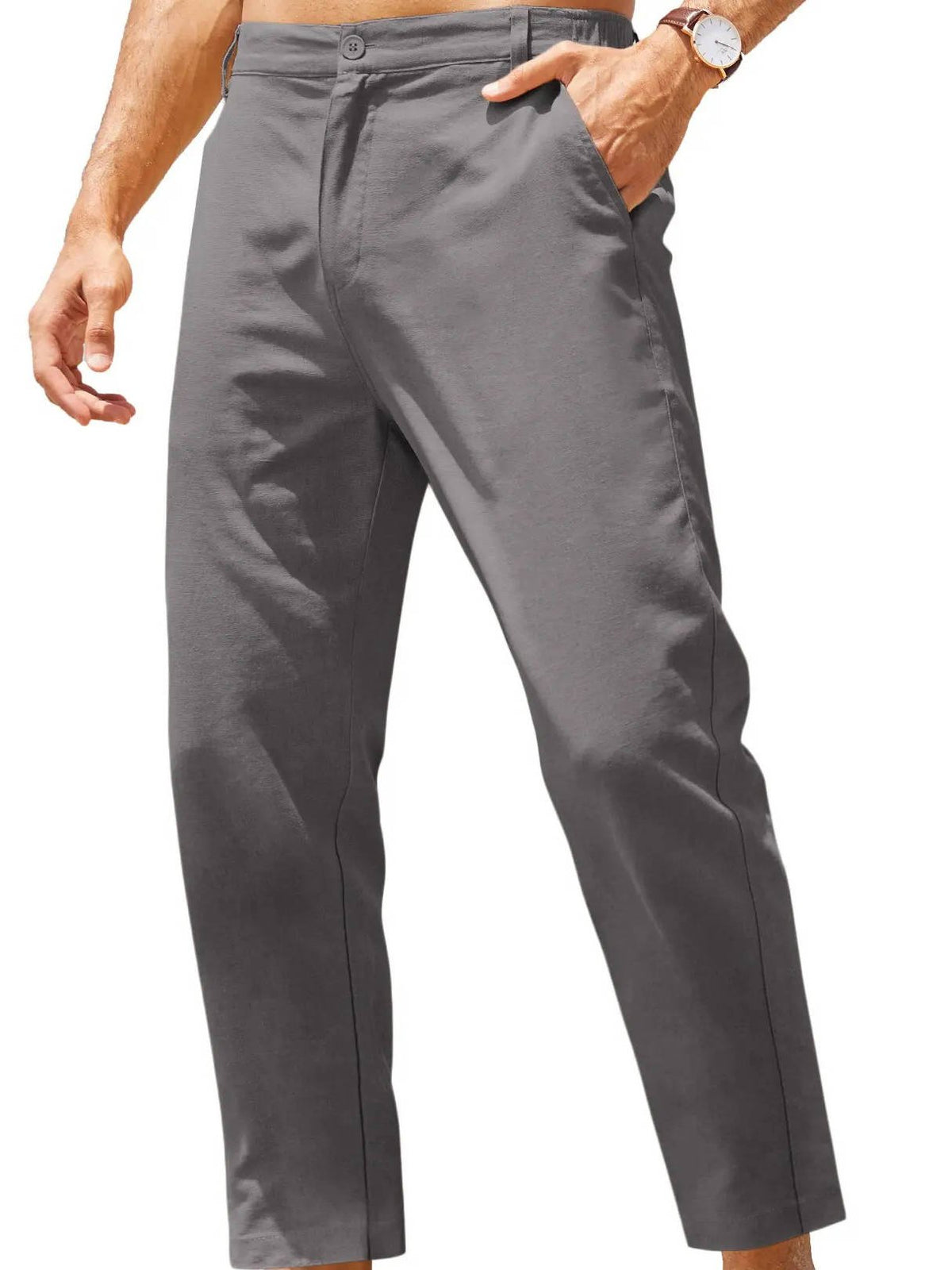 Men's Cotton-Linen Cropped Chinos - Dark Gray
