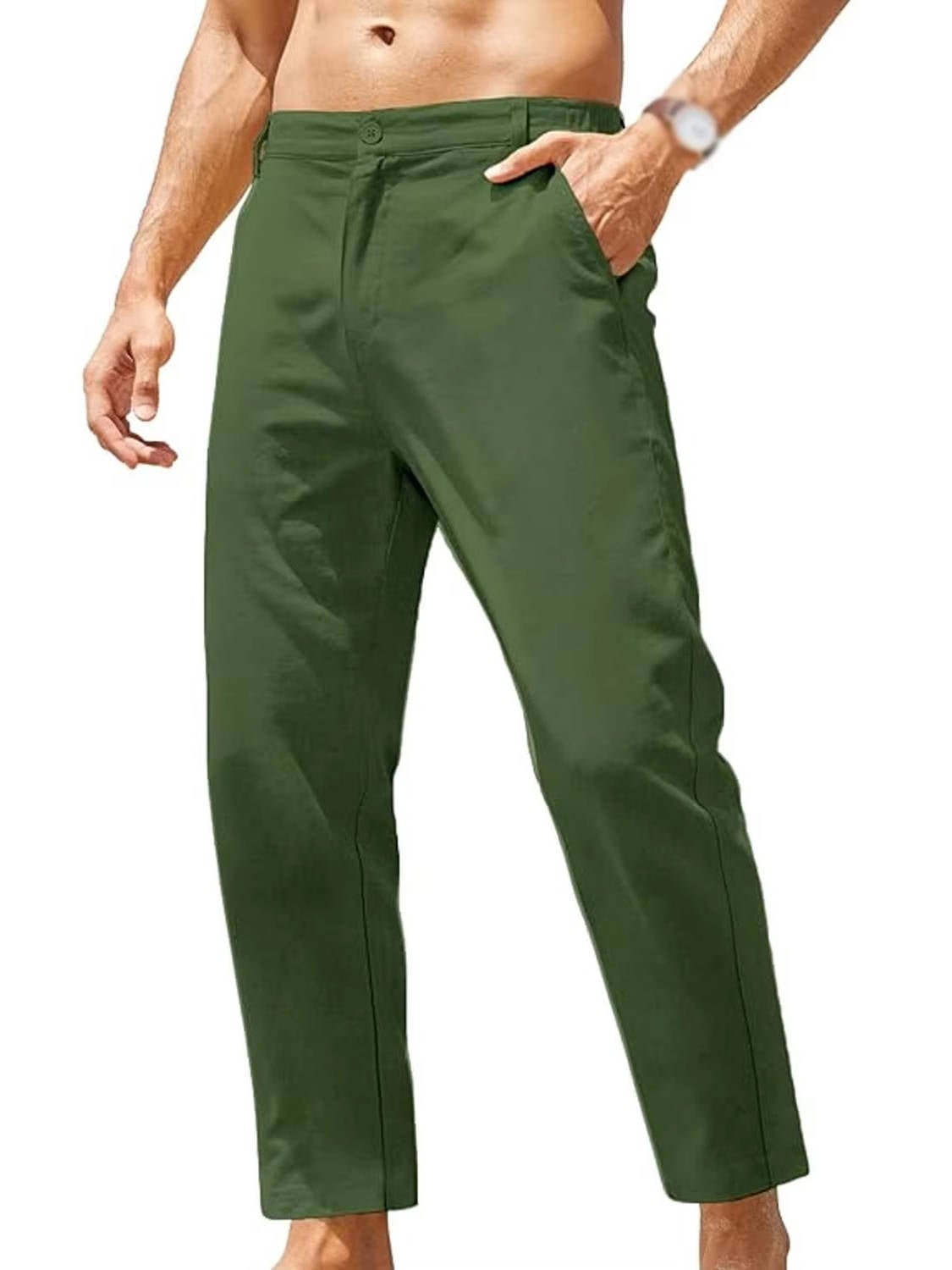 Men's Cotton-Linen Cropped Chinos - Green
