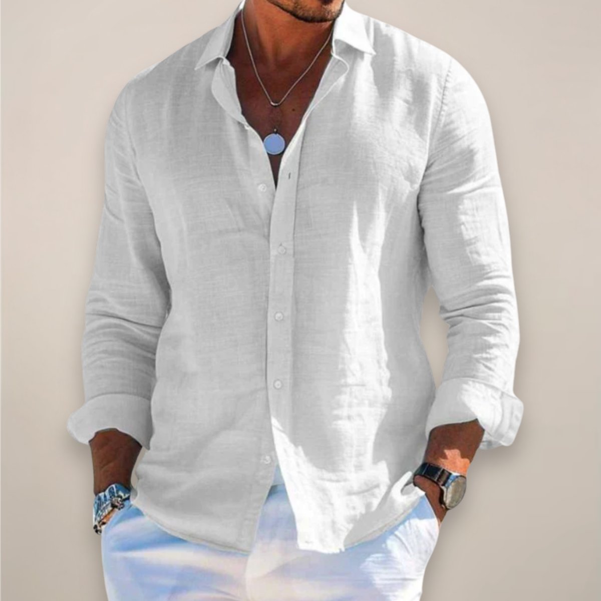 Men's Long Sleeve Vacation Shirt - White