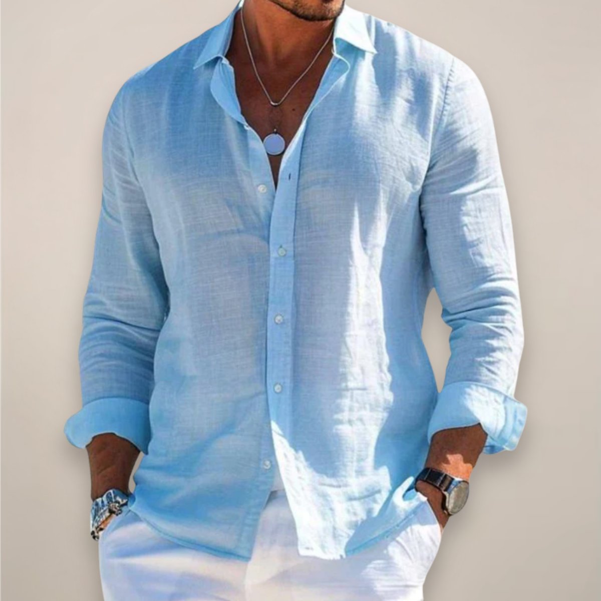 Men's Long Sleeve Vacation Shirt - Blue