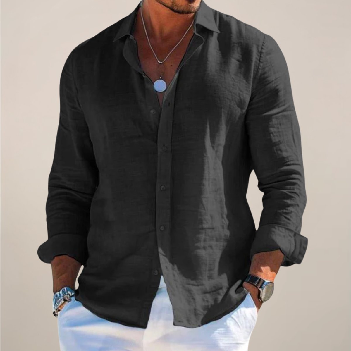 Men's Long Sleeve Vacation Shirt - Black