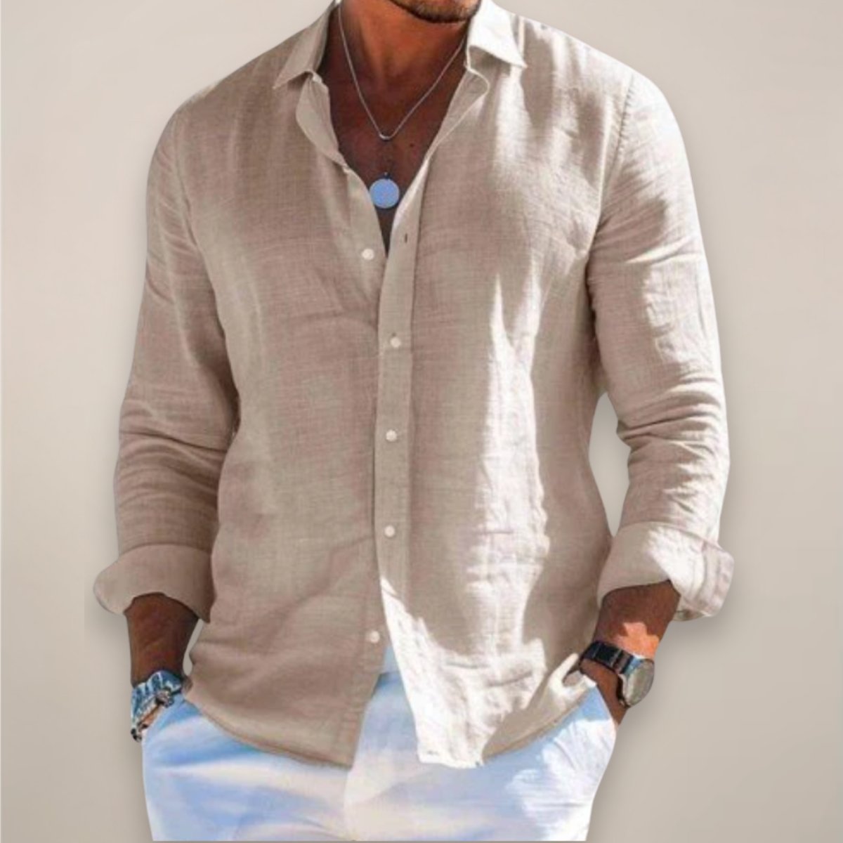 Men's Long Sleeve Vacation Shirt - Beige