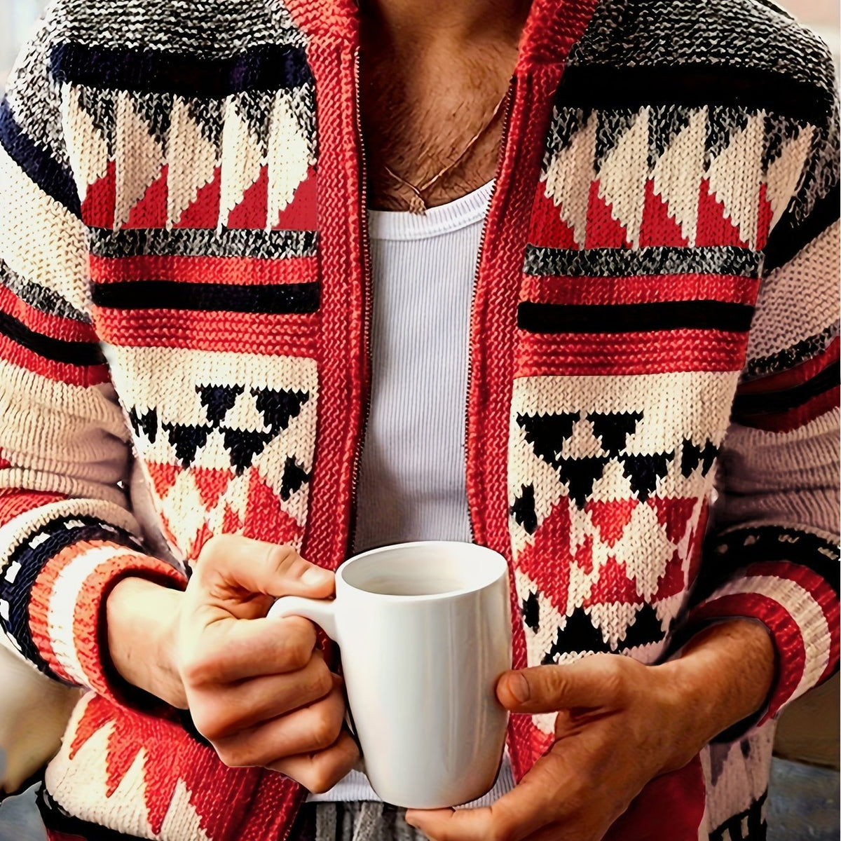 Men's Zip-Up Knit Cardigan - Red