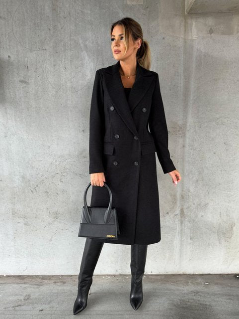 Women's Double-Breasted Wool Coat - Black