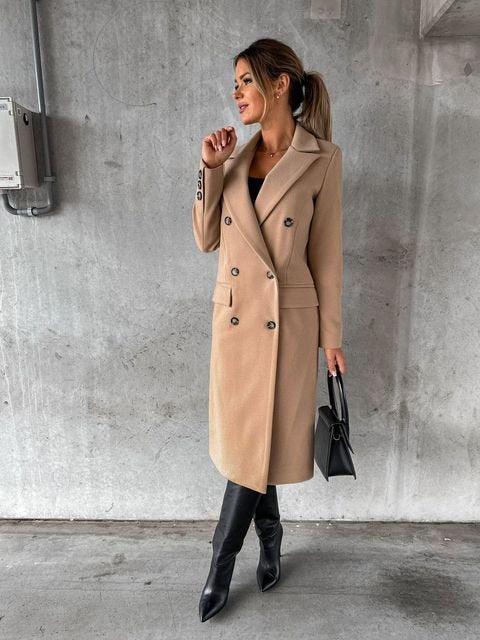 Women's Double-Breasted Wool Coat - Khaki