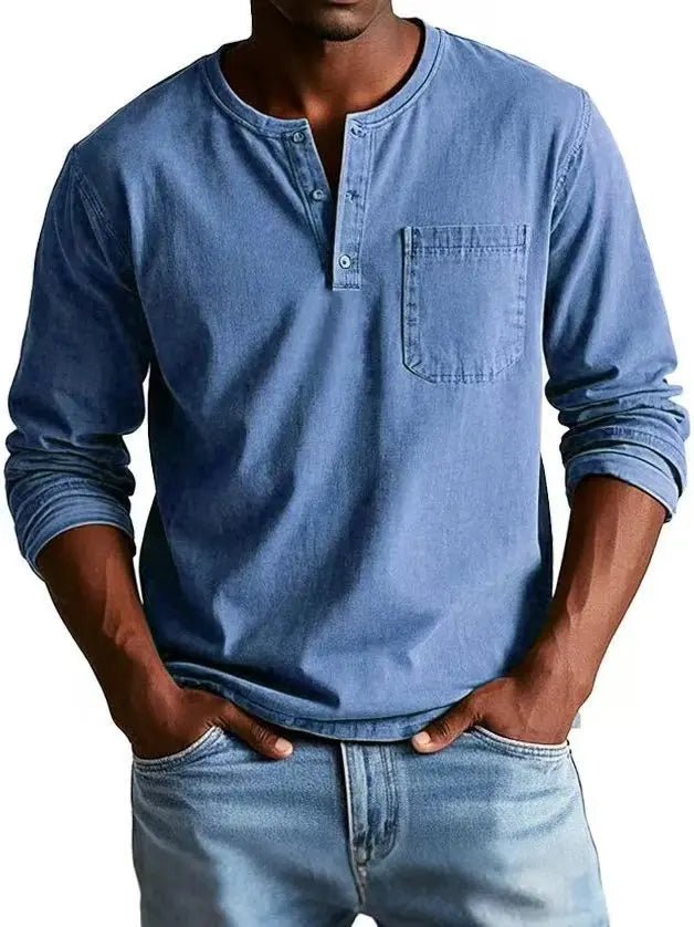 Men's Long Sleeve Henley Shirt - Blue