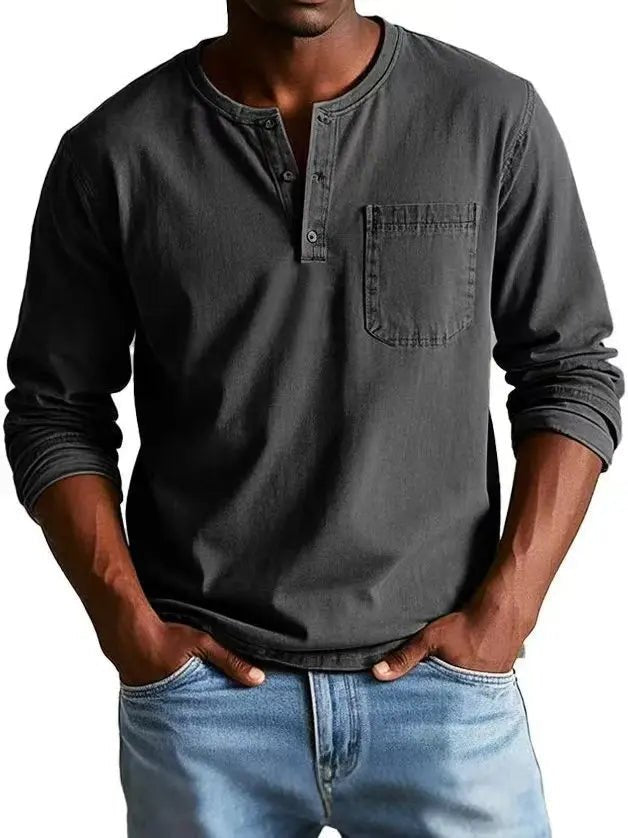 Men's Long Sleeve Henley Shirt - Black