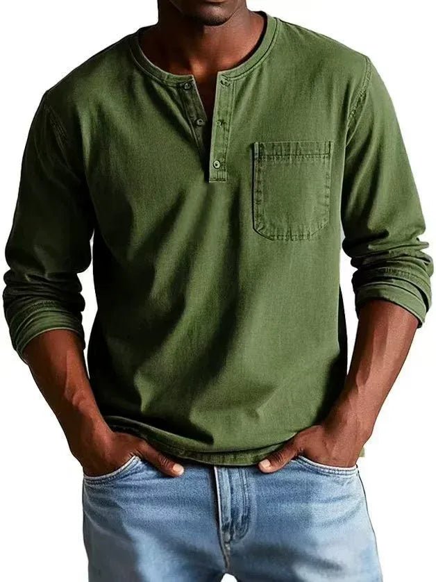 Men's Long Sleeve Henley Shirt - Army Green