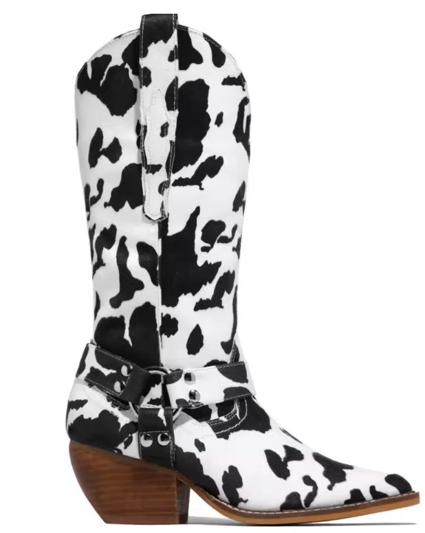 Women's Cow Print Cowboy Ankle Boots