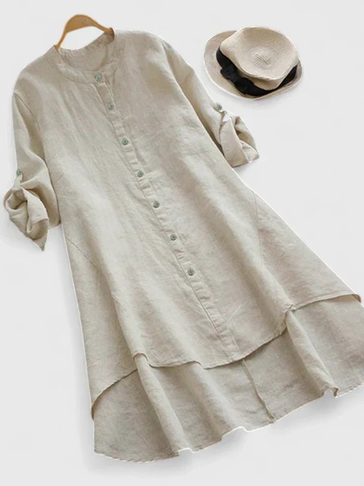 Women's Long Sleeve High-Low Shirt Dress - Beige