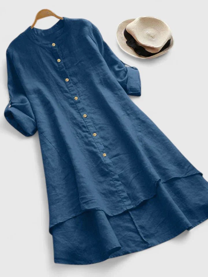 Women's Long Sleeve High-Low Shirt Dress - Blue