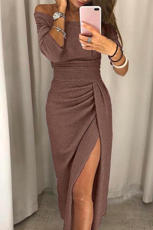 Women's Off-Shoulder Midi Party Dress - Brown