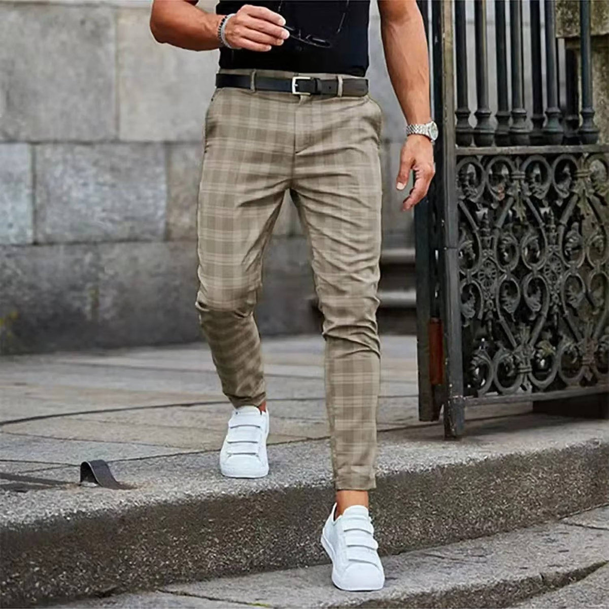 Men's Plaid Slim Cropped Trousers - Khaki