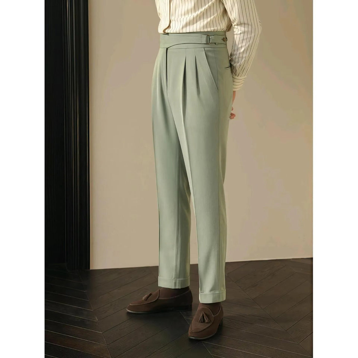 Men's High-Waisted Pleated Wool Trousers - Green