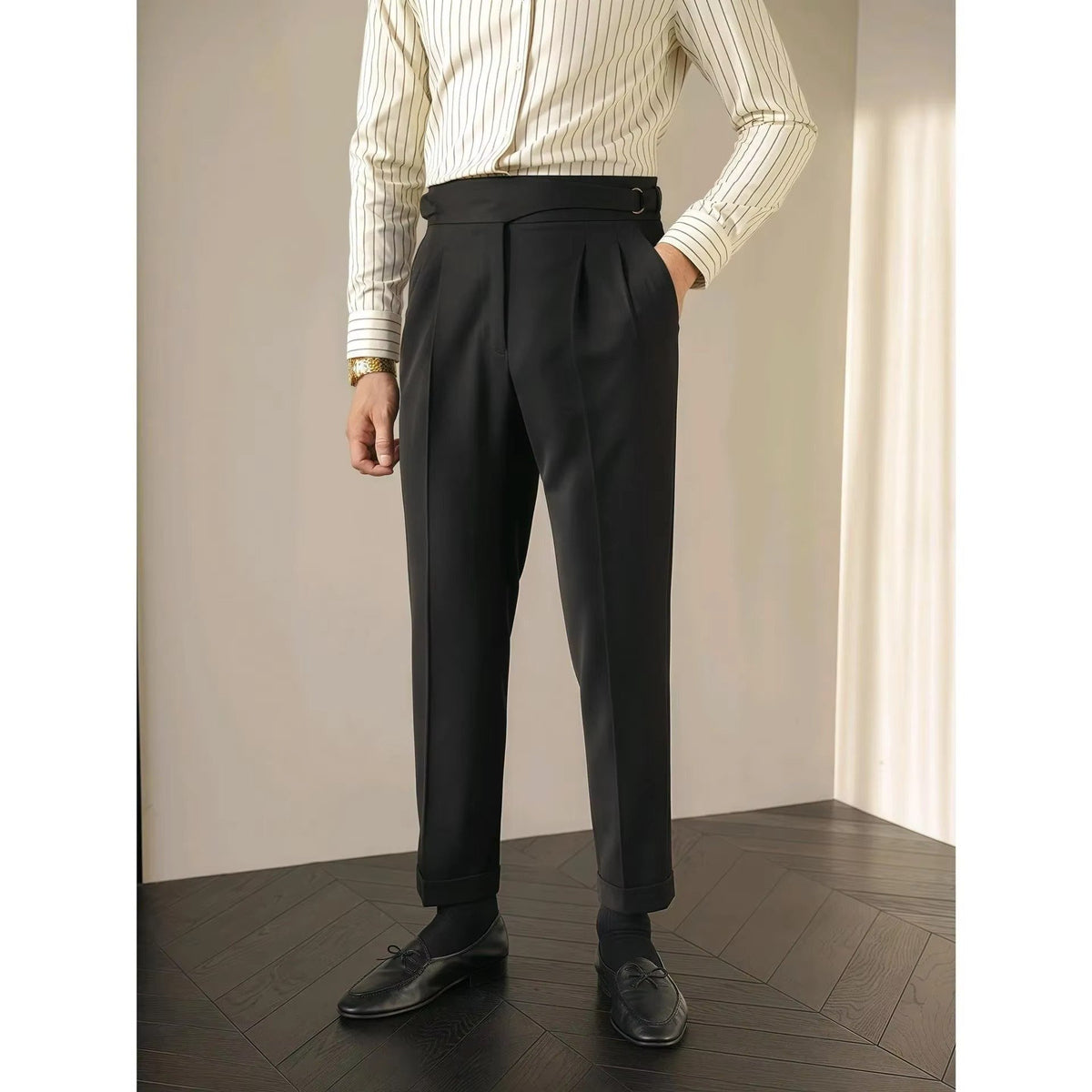 Men's High-Waisted Pleated Wool Trousers - Black