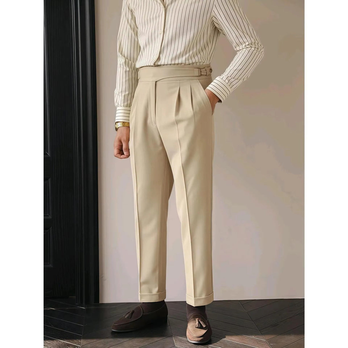 Men's High-Waisted Pleated Wool Trousers - Khaki