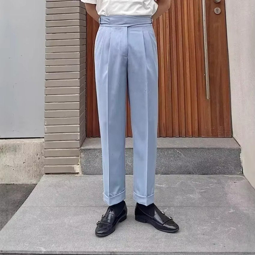 Men's High-Waisted Pleated Wool Trousers - Blue