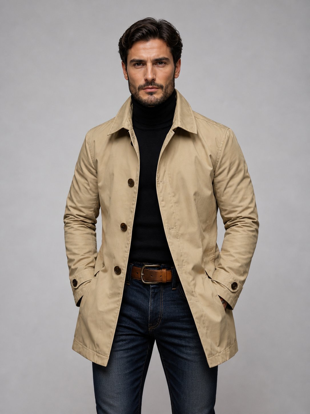 Men's Single-Breasted Mac Winter Coat - Beige