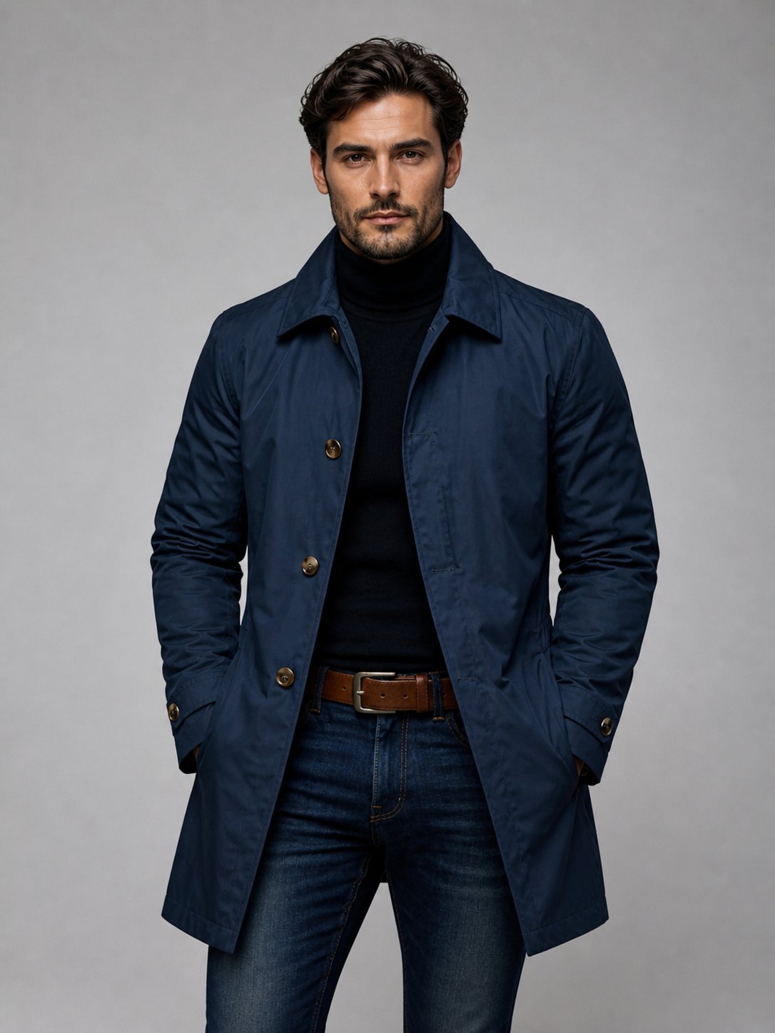 Men's Single-Breasted Mac Winter Coat - Navy