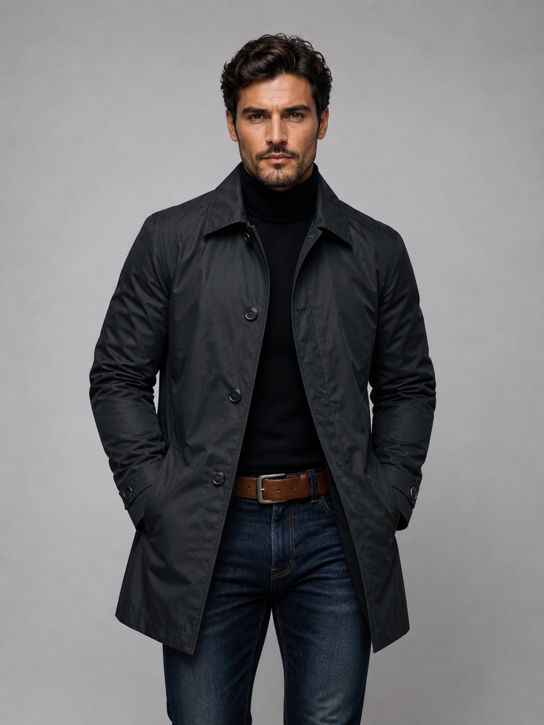 Men's Single-Breasted Mac Winter Coat - Black
