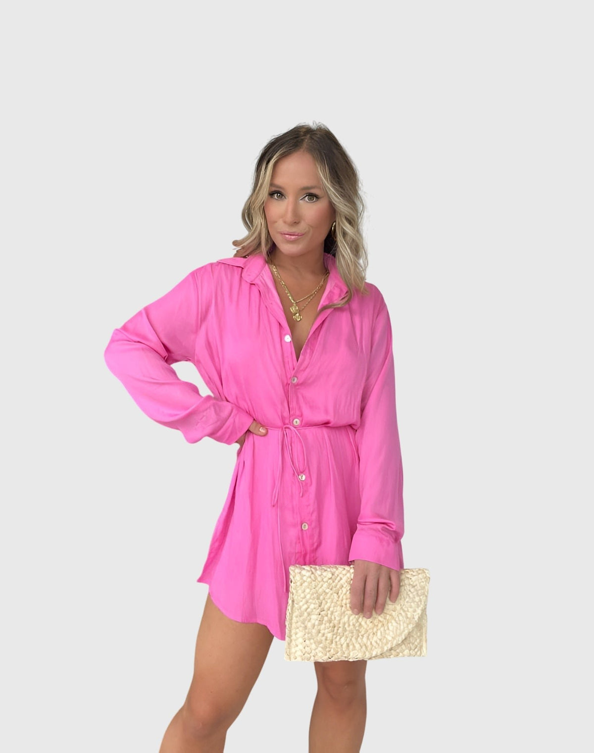 Women's Oversized Satin Shirt Dress - Pink