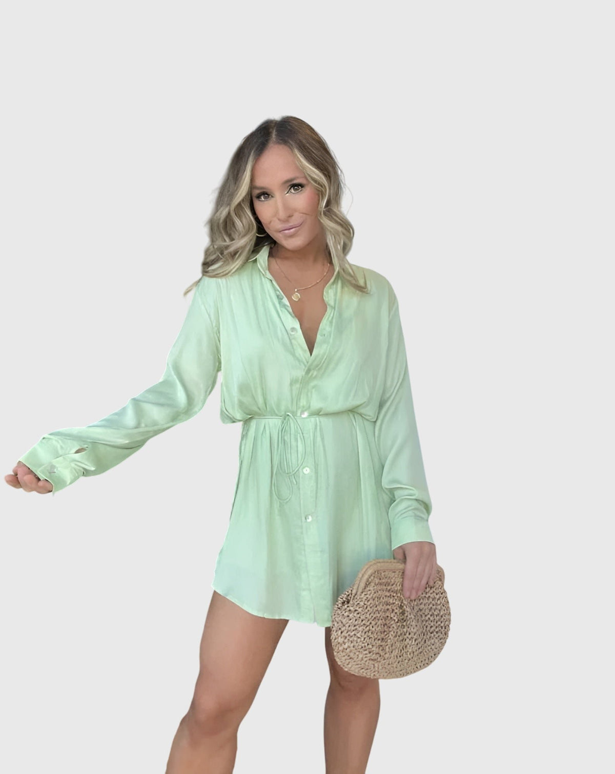 Women's Oversized Satin Shirt Dress - Mint Green