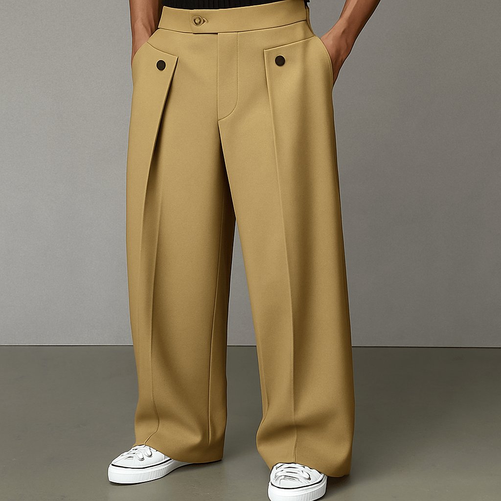 Men's High-Waisted Wide-Leg Trousers - Khaki