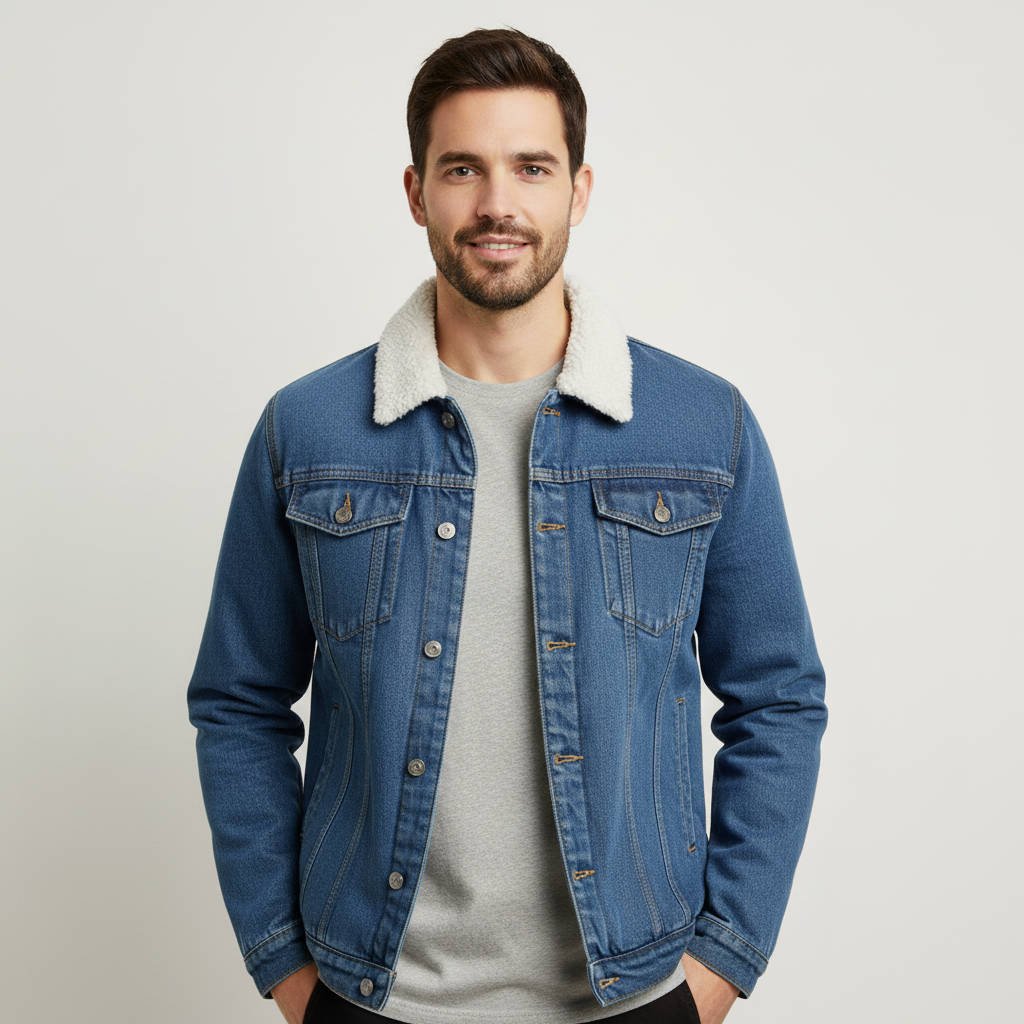 Men's Sherpa Denim Trucker Jacket - Dark Blue