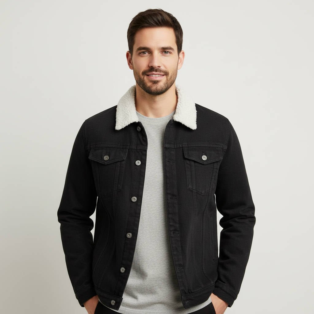 Men's Sherpa Denim Trucker Jacket - Black