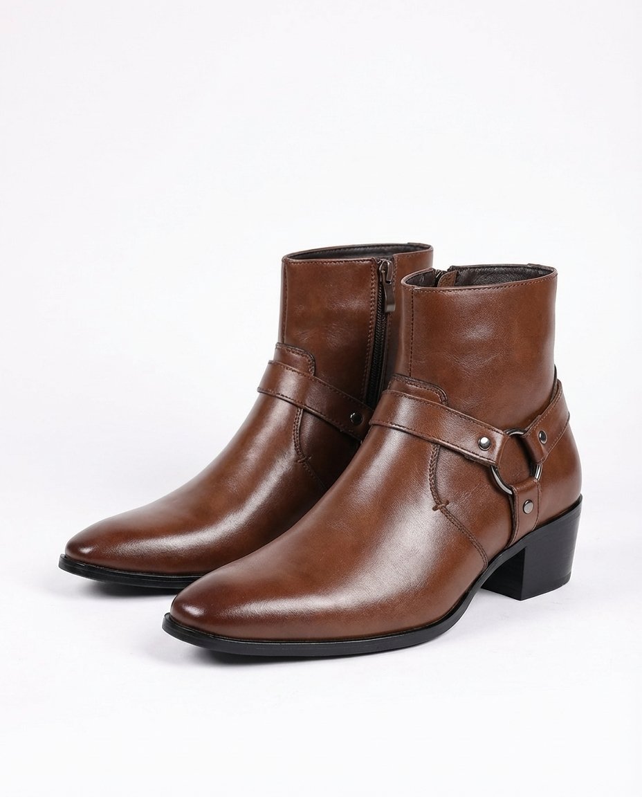 Men's Leather Harness Ankle Boots - Dark Brown