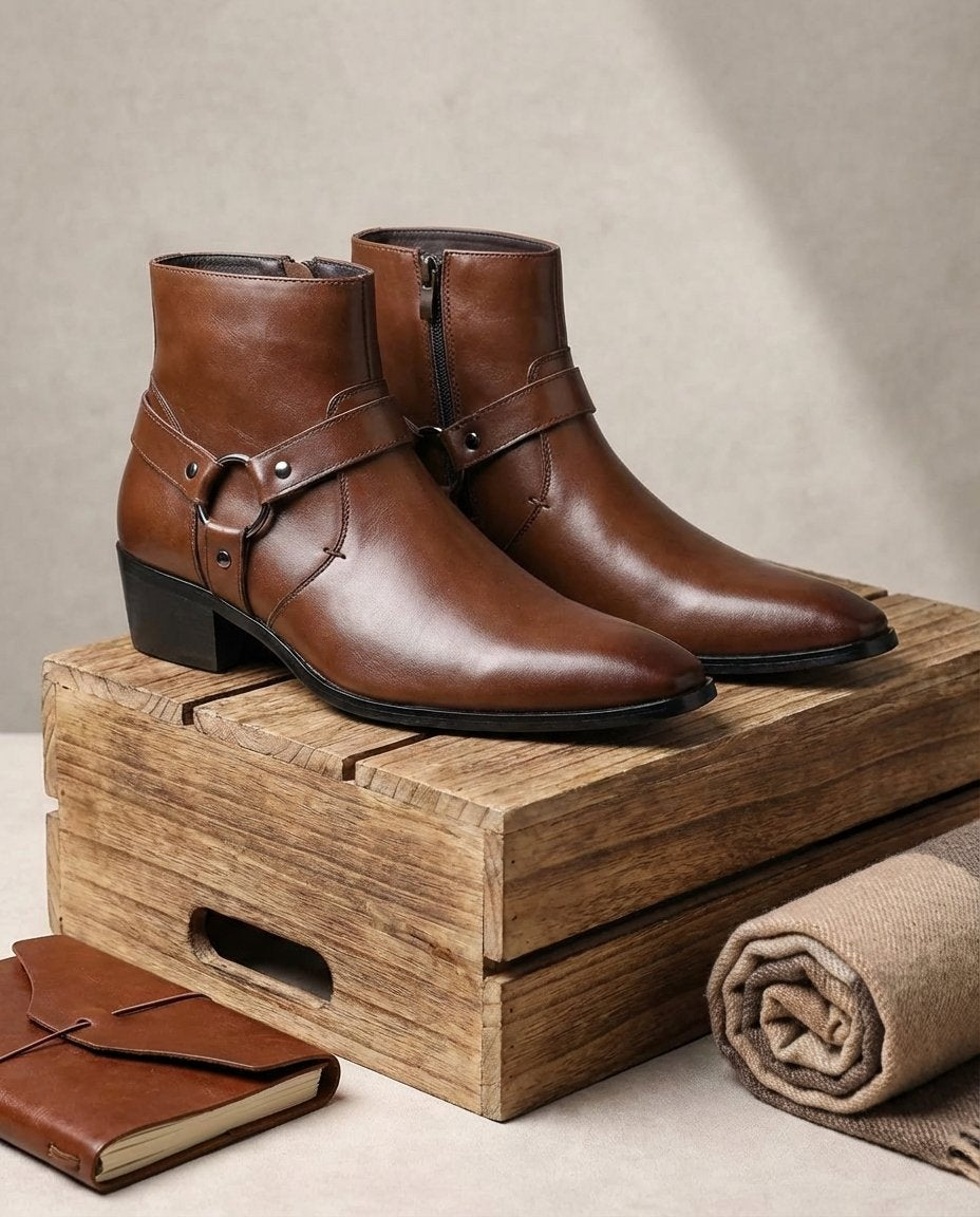 Men's Leather Harness Ankle Boots