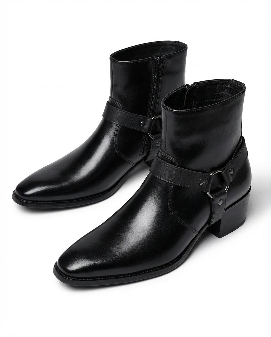 Men's Leather Harness Ankle Boots - Black