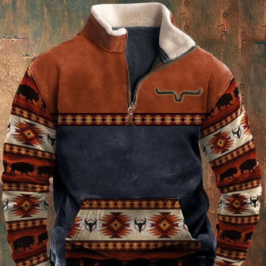 Men's Quarter-Zip Sherpa Sweatshirt - Blue-Brown