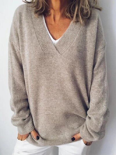 Women's Oversized V-Neck Jumper - Brown