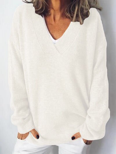 Women's Oversized V-Neck Jumper - White