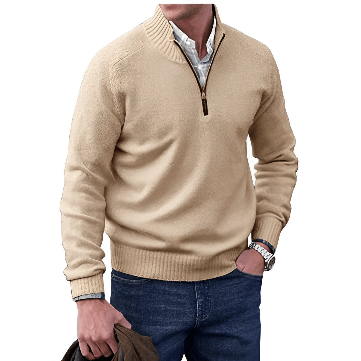 Men's Knit Quarter-Zip Jumper - Brown