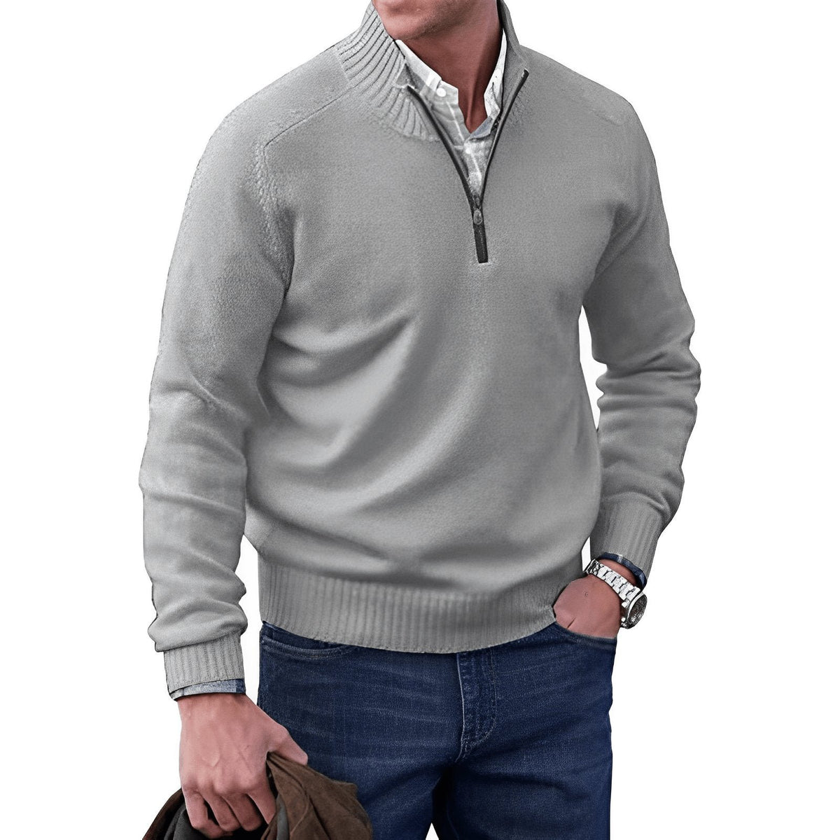 Men's Knit Quarter-Zip Jumper - Light Grey