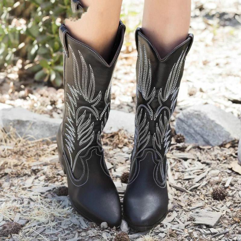 Women's Embroidered Faux Leather Cowboy Ankle Boots - Black